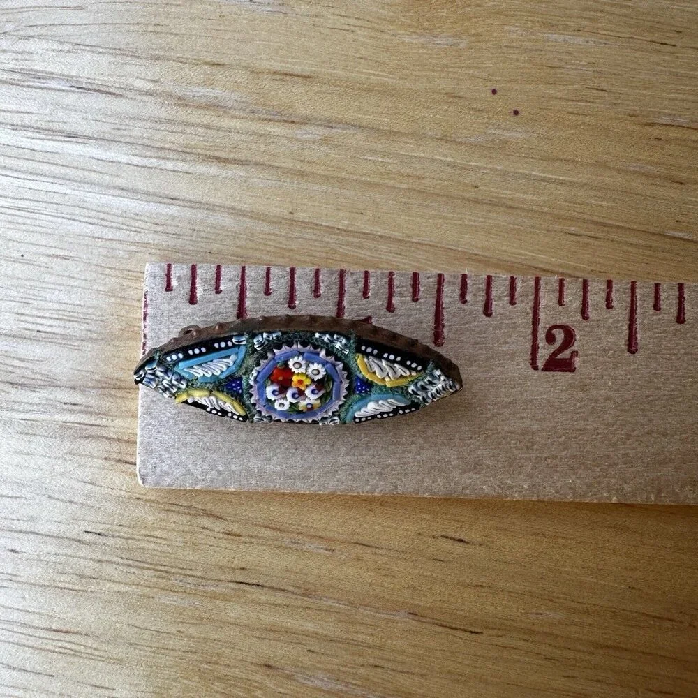 Vintage Brooch Pin 1.625 Inch Multicolor Italian Micro Mosaic Glass Flowers Oval